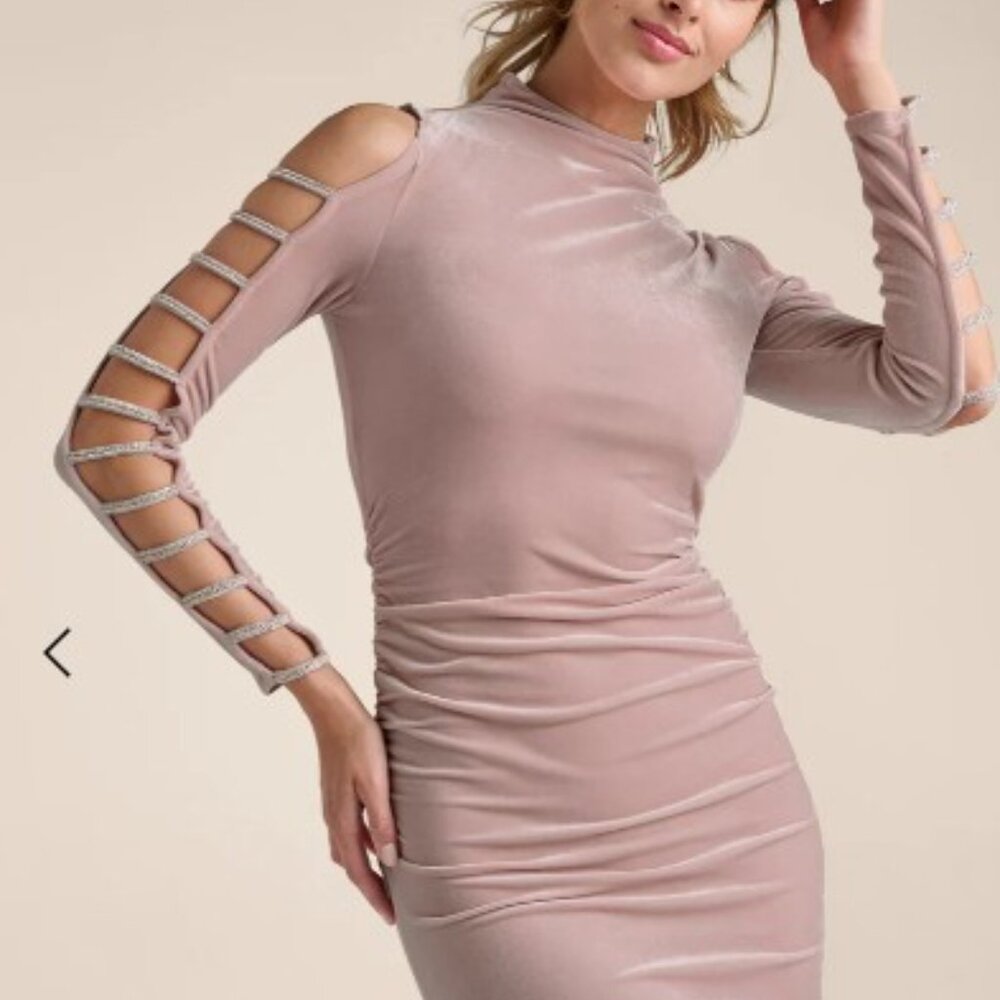 Rhinestone Strapply Sleeve Velvet Ruching Dress NWT - Picture 1 of 8